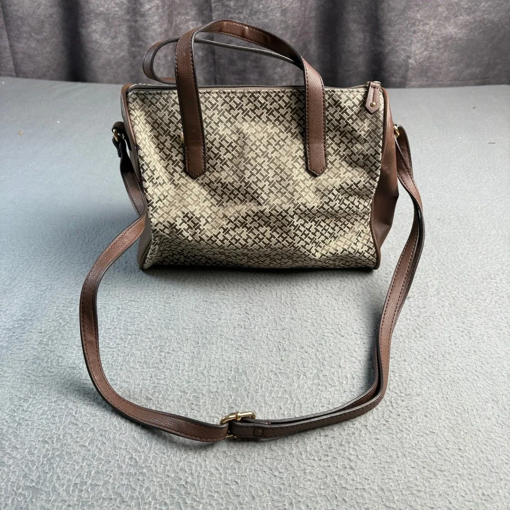 Tommy Hilfiger Monogram Jacquard Satchel Crossbody Bag Brown Tan Gold Tone